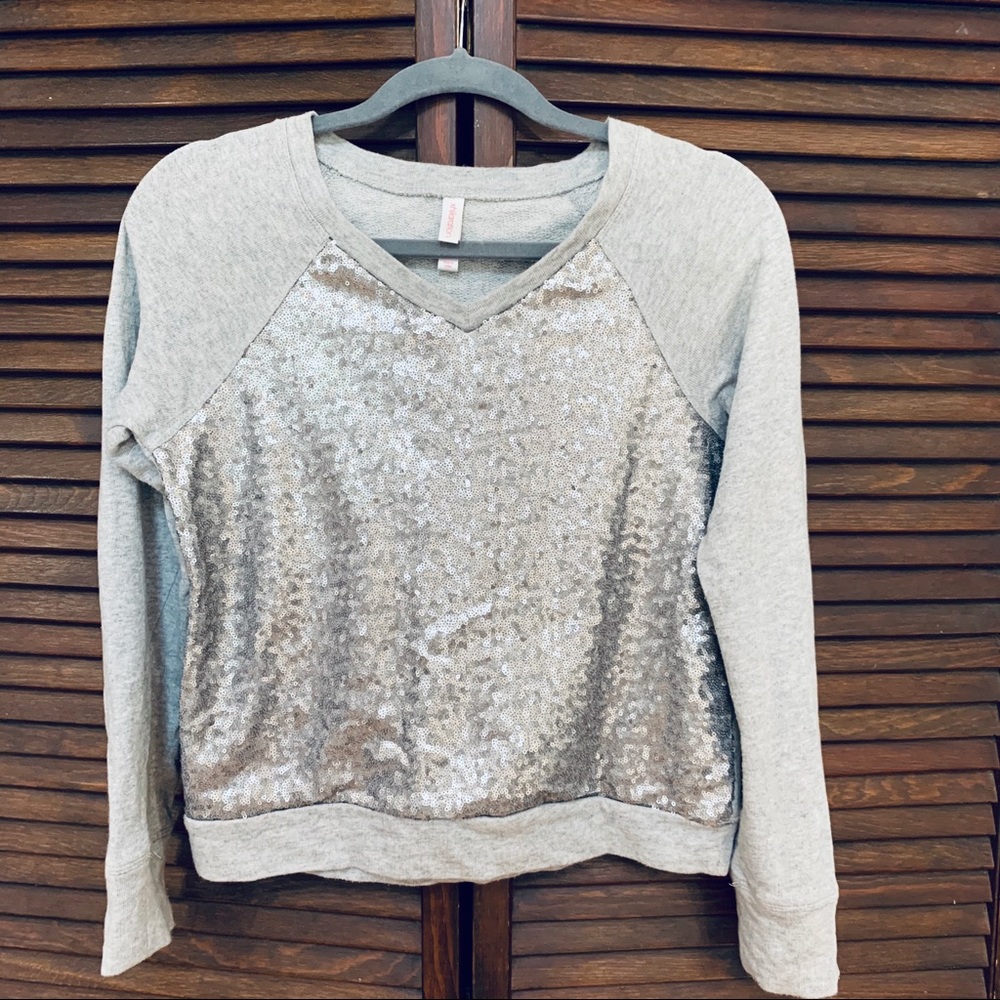 Gray Silver Sequin Sparkle Long Sleeve Top
